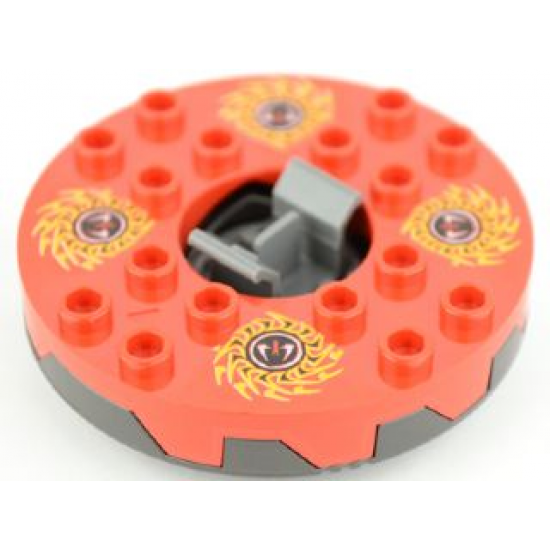 Turntable 6 x 6 Round Base Serrated with Red Top and Red, White, Yellow and Black Fangpyre Pattern (Ninjago Spinner)
