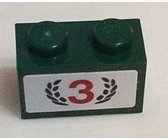 Brick 1 x 2 with Red Number 3 and Dark Green Laurel Wreath Pattern (Sticker) - Set 75881