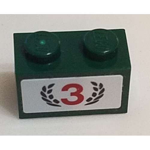 Brick 1 x 2 with Red Number 3 and Dark Green Laurel Wreath Pattern (Sticker) - Set 75881