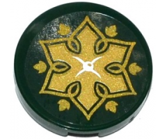 Tile, Round 2 x 2 with Bottom Stud Holder with Cushion with White Button, Gold Flower and Leaves on Transparent Background Pattern (Sticker) - Set 41075