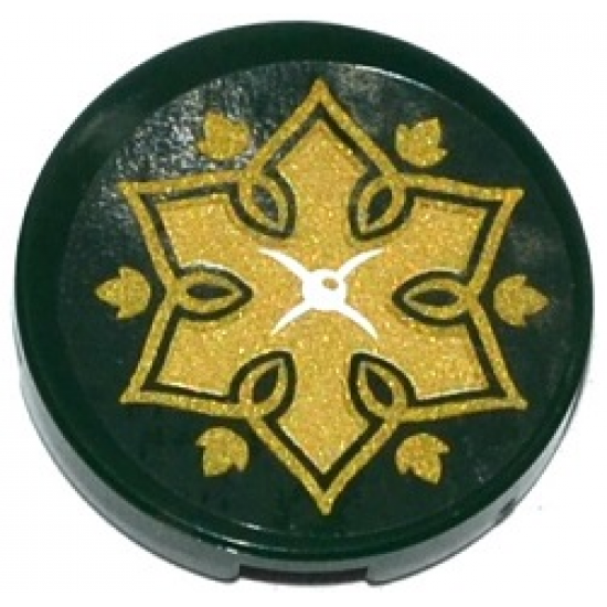 Tile, Round 2 x 2 with Bottom Stud Holder with Cushion with White Button, Gold Flower and Leaves on Transparent Background Pattern (Sticker) - Set 41075