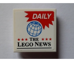 Tile, Modified 2 x 2 Inverted with White 'DAILY' on Red Background, Blue Globe, 6 Red Stars and 'THE LEGO NEWS' Pattern (Sticker) - Set 60097