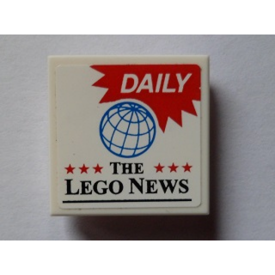 Tile, Modified 2 x 2 Inverted with White 'DAILY' on Red Background, Blue Globe, 6 Red Stars and 'THE LEGO NEWS' Pattern (Sticker) - Set 60097