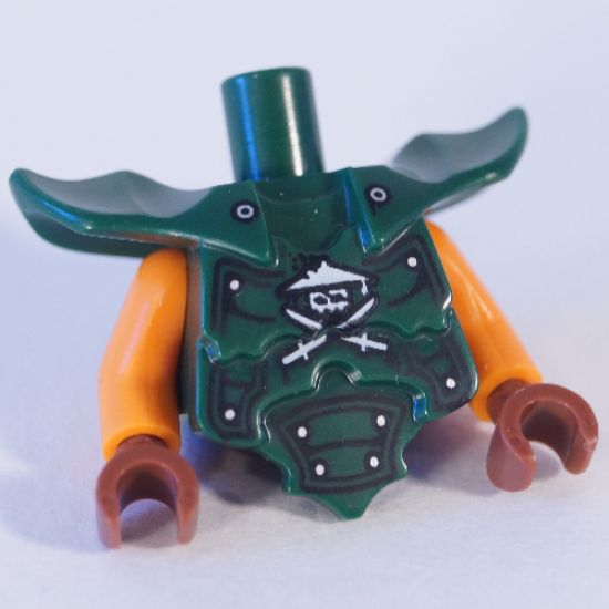 Torso, Modified Short with Armor Breastplate with Shoulder Ridges, Rivets and Ninja Skull with Crossed Swords Pattern / Orange Arms / Reddish Brown Hands