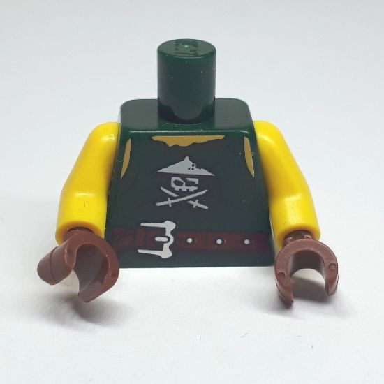 Torso Ninjago Tattered Shirt with Ninja Skull with Crossed Swords and Red Belt with Silver Buckle Pattern / Yellow Arms / Reddish Brown Hands