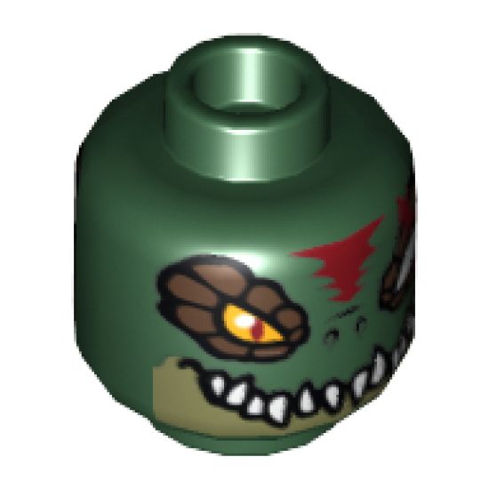 Minifigure, Head Dual Sided Alien Chima Crocodile with Dark Brown Rimmed Eyes and Red Scar, Wide Eye / Narrow Eye Pattern (Cragger) - Hollow Stud