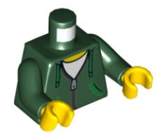 Torso Hoodie with Green Ties and Pockets, Silver Zipper over White Shirt and Hood on Back Pattern / Dark Green Arms / Yellow Hands