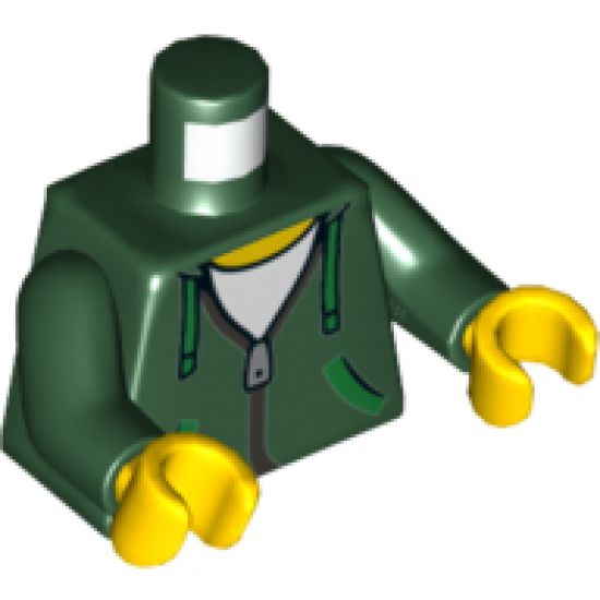Torso Hoodie with Green Ties and Pockets, Silver Zipper over White Shirt and Hood on Back Pattern / Dark Green Arms / Yellow Hands