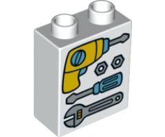 Duplo, Brick 1 x 2 x 2 with Drill, 2 Bolts, Screwdriver and Adjustable Wrench Tools Pattern