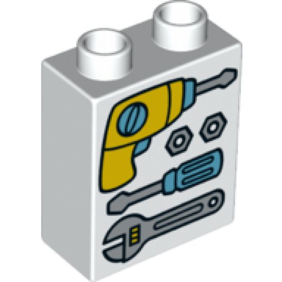 Duplo, Brick 1 x 2 x 2 with Drill, 2 Bolts, Screwdriver and Adjustable Wrench Tools Pattern