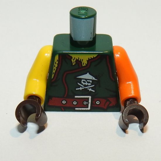 Torso Ninjago Robe with Ninja Skull with Crossed Swords, Chest Hair and Dark Red Belt Pattern / Orange Arm Left / Yellow Arm Right / Dark Brown Hands