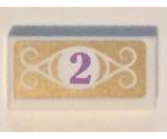 Tile 1 x 2 with Medium Lavender Number 2 in White Circle with Swirls on Gold Background Pattern (Sticker) - Set 41101