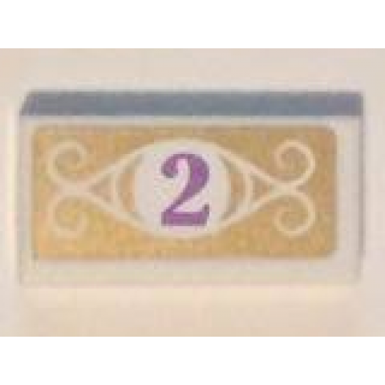 Tile 1 x 2 with Medium Lavender Number 2 in White Circle with Swirls on Gold Background Pattern (Sticker) - Set 41101