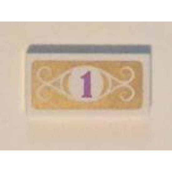 Tile 1 x 2 with Medium Lavender Number 1 in White Circle with Swirls on Gold Background Pattern (Sticker) - Set 41101