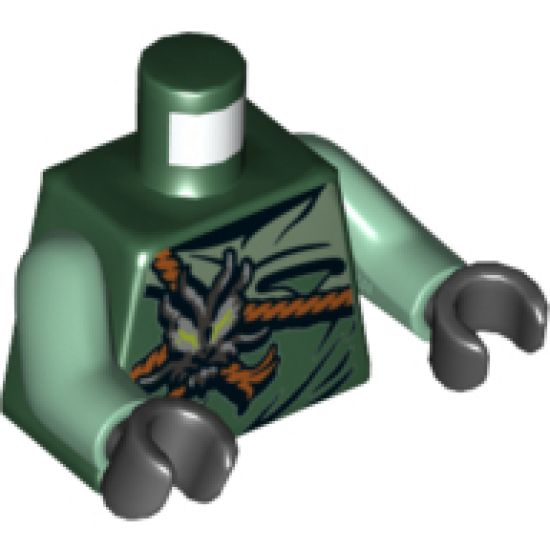 Torso Ninjago Dark Orange Straps, Silver Morro Symbol and Round Emblem with Chineses Logogram '?' (Evil) Pattern / Sand Green Arms / Black Hands