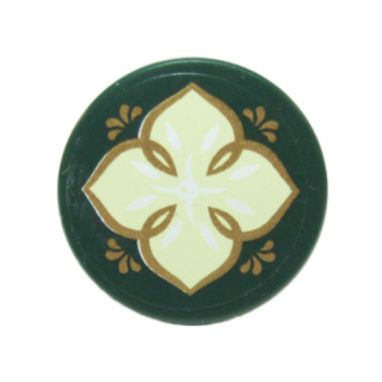 Tile, Round 2 x 2 with Bottom Stud Holder with Light Green Leaf with Four Petals and Gold Edges on Transparent Background Pattern (Sticker) - Set 41072