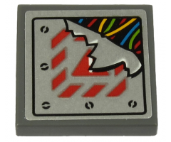 Tile 2 x 2 with Multicolored Wires and Broken Metal Plate with Exclamation Mark and Red Danger Stripes Pattern (Sticker) - Set 70432