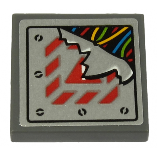 Tile 2 x 2 with Multicolored Wires and Broken Metal Plate with Exclamation Mark and Red Danger Stripes Pattern (Sticker) - Set 70432