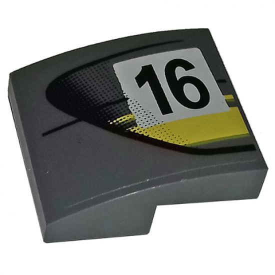 Slope, Curved 2 x 2 with Black Number 16 and Double Yellow Stripes on Dark Bluish Gray Background Pattern Model Left Side (Sticker) - Set 75877