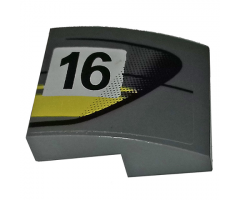 Slope, Curved 2 x 2 with Black Number 16 and Double Yellow Stripes on Dark Bluish Gray Background Pattern Model Right Side (Sticker) - Set 75877