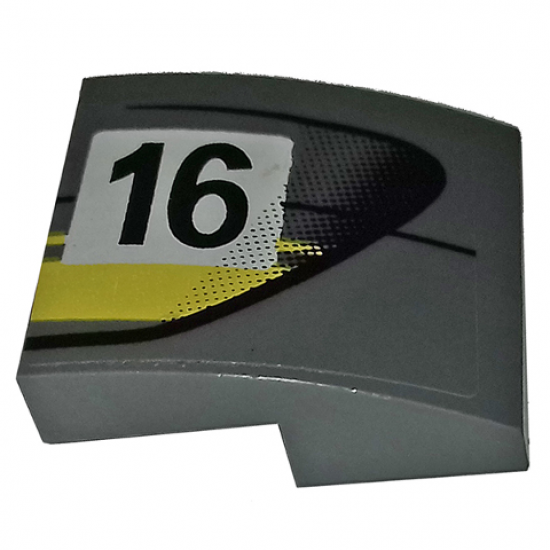 Slope, Curved 2 x 2 with Black Number 16 and Double Yellow Stripes on Dark Bluish Gray Background Pattern Model Right Side (Sticker) - Set 75877