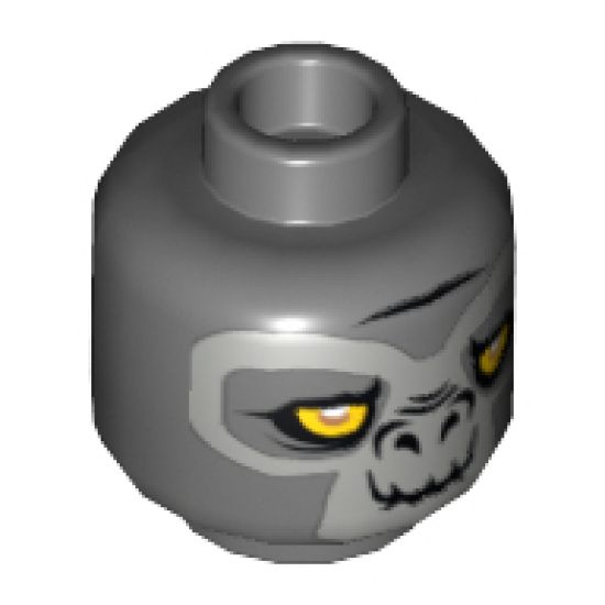 Minifigure, Head Dual Sided Alien Chima Gorilla with Yellow Eyes and Gray Face, Closed Mouth / Crooked Smile Pattern (Grumlo) - Hollow Stud