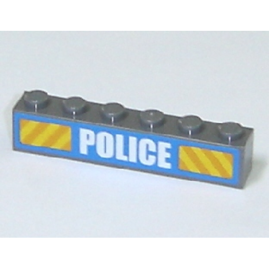Brick 1 x 6 with White 'POLICE' Bold Narrow Font and Yellow Diagonal Stripes on Blue Pattern (Sticker) - Set 7743