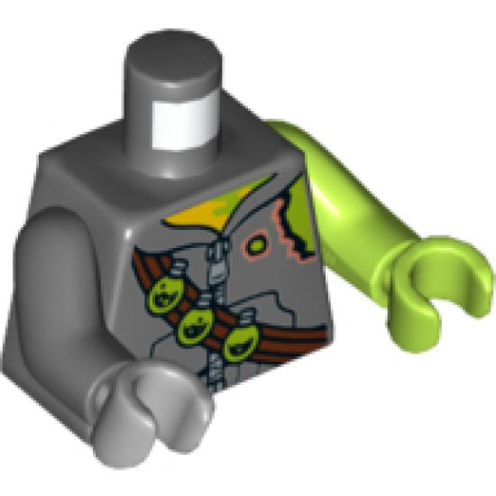Torso Hoodie with Zipper, Torn Shoulder, Bandolier with 3 Toxic Bulbs Pattern / Lime Arm and Hand Left / Dark Bluish Gray Arm Right / Light Bluish Gray Hand Right