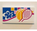 Tile 2 x 4 with White and Blue Flower, Basketball and Tennis Racket Pattern (Sticker) - Set 41058