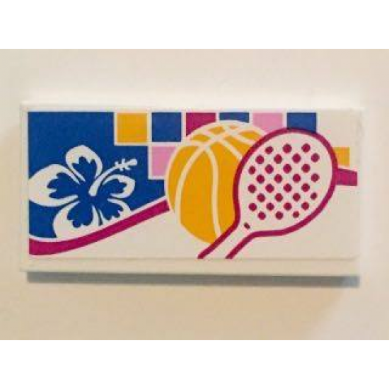 Tile 2 x 4 with White and Blue Flower, Basketball and Tennis Racket Pattern (Sticker) - Set 41058