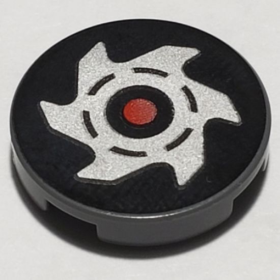 Tile, Round 2 x 2 with Bottom Stud Holder with Red Circle and Silver Saw Blade on Black Background Pattern