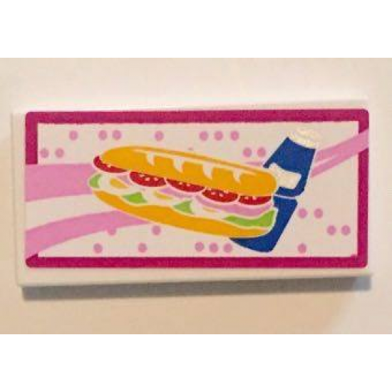 Tile 2 x 4 with Sandwich and Blue Drink Bottle with Magenta Border Pattern (Sticker) - Set 41058