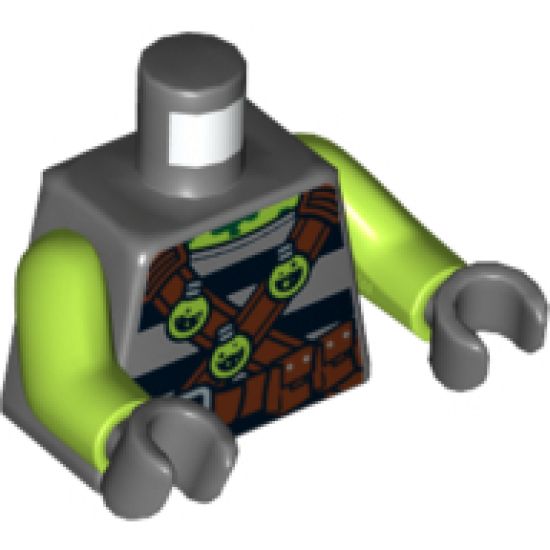 Torso Shirt with Black Stripes, Brown Belts with Pockets and 3 Lime Toxic Bulbs Pattern / Lime Arms / Dark Bluish Gray Hands
