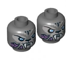 Minifigure, Head Dual Sided Alien Chima Tiger White Fangs, Black Stripes and Bright Light Blue Eyes, Neutral / Angry Pattern (Stealthor) - Hollow Stud