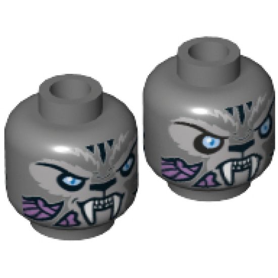 Minifigure, Head Dual Sided Alien Chima Tiger White Fangs, Black Stripes and Bright Light Blue Eyes, Neutral / Angry Pattern (Stealthor) - Hollow Stud