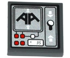 Tile 2 x 2 with Black 'AA', Red and White Buttons, 'K 35', Lever and White Arrows on Silver Background Pattern (Sticker) - Set 70725