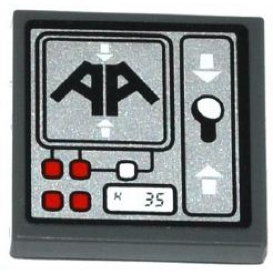 Tile 2 x 2 with Black 'AA', Red and White Buttons, 'K 35', Lever and White Arrows on Silver Background Pattern (Sticker) - Set 70725