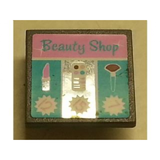 Road Sign 2 x 2 Square with Clip with 'Beauty Shop', Lipstick, Paintbox, Brush, 7, 15 and 12 Pattern (Sticker) - Set 3187