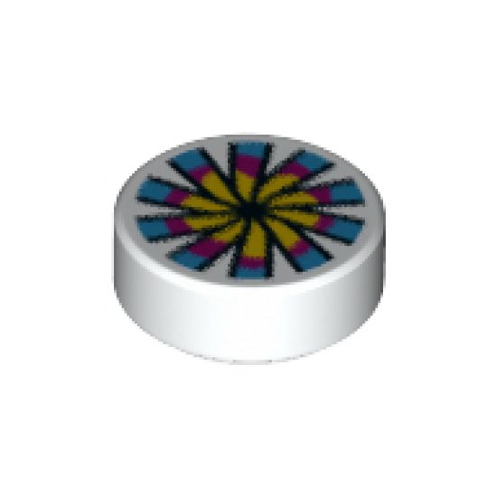 Tile, Round 1 x 1 with Yellow, Magenta and Dark Azure Flower and Chinese Pellet Drum Pattern