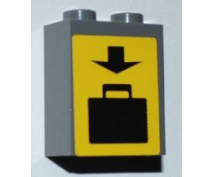 Brick 1 x 2 x 2 with Inside Axle Holder with Black Arrow and Suitcase on Yellow Background Pattern (Sticker) - Set 3182