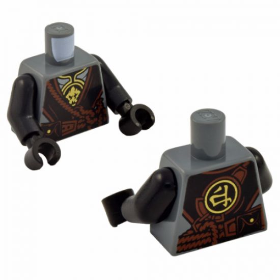 Torso Ninjago Silver Armor with Gold Earth Emblems, Black Robe, Reddish Brown Rope Pattern / Black Arms / Black Hands