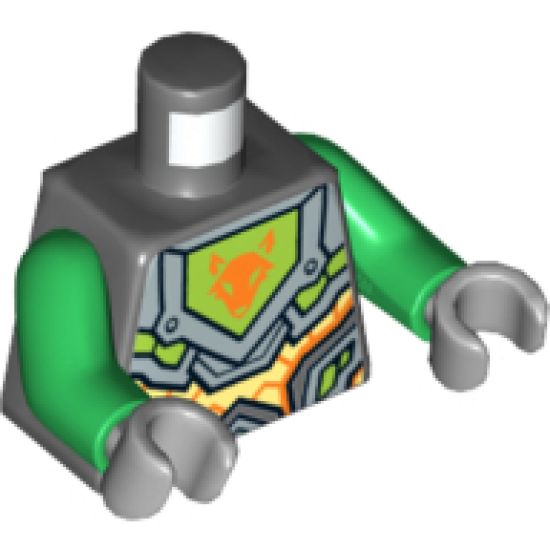 Torso Nexo Knights Armor with Orange and Gold Circuitry and Lime Emblem Framed with Orange Fox Head Pattern / Green Arms / Light Bluish Gray Hands