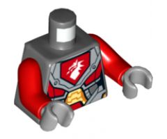 Torso Nexo Knights Armor with Orange and Gold Circuitry and Emblem with White Dragon Pattern / Red Arms / Light Bluish Gray Hands