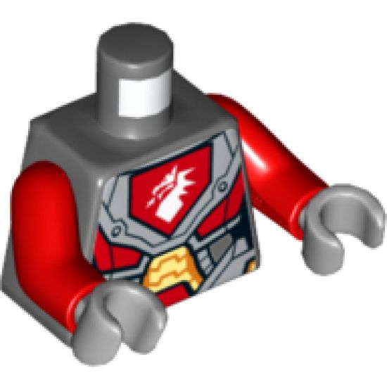 Torso Nexo Knights Armor with Orange and Gold Circuitry and Emblem with White Dragon Pattern / Red Arms / Light Bluish Gray Hands