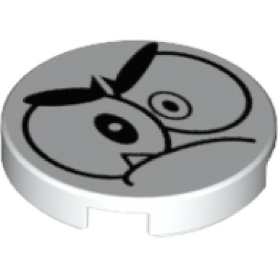 Tile, Round 2 x 2 with Bottom Stud Holder with Black Large Eyes, Eyebrows and Closed Mouth with One Sharp Tooth (Nixel Face) Pattern