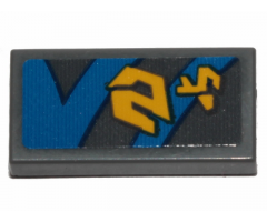 Tile 1 x 2 with Yellow Markings and Blue Curved and Straight Lines with Black Outline on Dark Bluish Gray Background Pattern Model Left Side (Sticker) - Set 75258