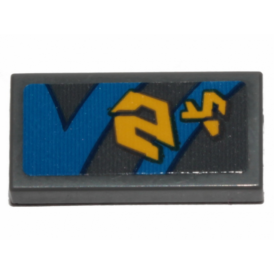 Tile 1 x 2 with Yellow Markings and Blue Curved and Straight Lines with Black Outline on Dark Bluish Gray Background Pattern Model Left Side (Sticker) - Set 75258