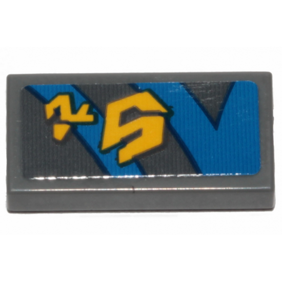 Tile 1 x 2 with Yellow Markings and Blue Curved and Straight Lines with Black Outline on Dark Bluish Gray Background Pattern Model Right Side (Sticker) - Set 75258