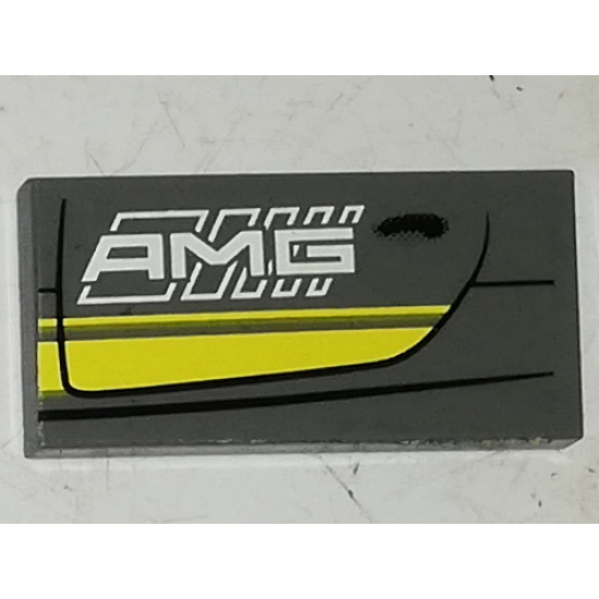 Tile 2 x 4 with Double Yellow Stripes and White 'AMG' on Dark Bluish Gray Background Pattern Model Left Side (Sticker) - Set 75877