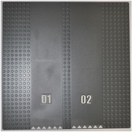 Baseplate, Road 32 x 32 7-Stud Straight with Double Driveway with '01' and '02' and White Triangles Pattern (Stickers) - Set 7498